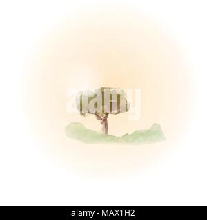 Geometric Summer with Lush Grass and Tree - Vector Illustration Stock Vector