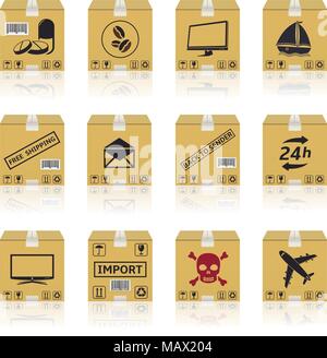 Shipping cardboard boxes icons isolated on white background Stock Vector
