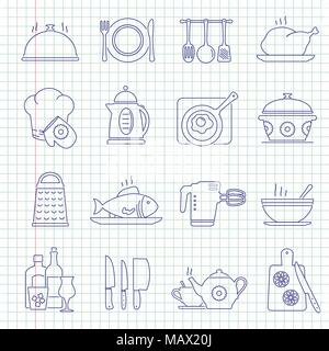 Hand drawn cooking icons on a notebook sheet Stock Vector