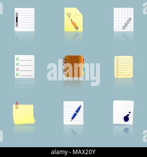 Documents and office supplies flat icons with reflection. Vector illustration. Stock Vector