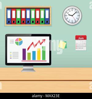 Office workplace. Monitor with information analysis on the screen. Vector illustration. Stock Vector