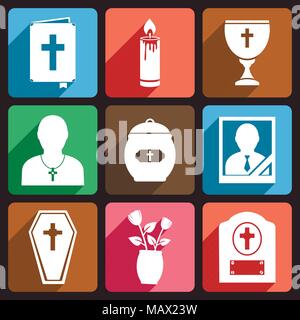 Funeral vector flat icons with long shadow Stock Vector