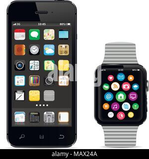 Black smartphone with smart watch isolated on white Stock Vector