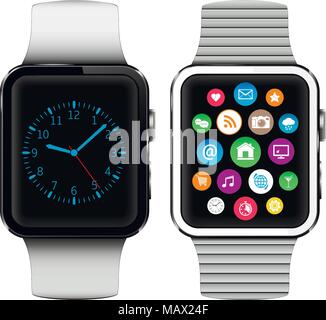 Modern smart watches with applications icons on screen isolated on white background Stock Vector