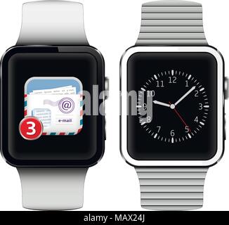 Smart watches isolated on white with email on the screen Stock Vector