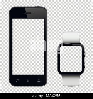 Smart phone and smart watch with transparent screen isolated on transparent background Stock Vector