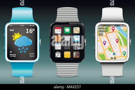 Smart watches with app icons, weather and GPS navigation widgets Stock Vector