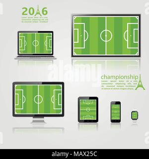Modern technology devices with football field on screen Stock Vector