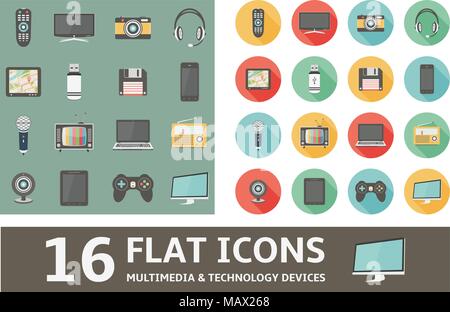 Set of technology and multimedia devices flat icons. Vector ...