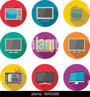 Modern and retro TV icons in flat design style with long shadow Stock Vector