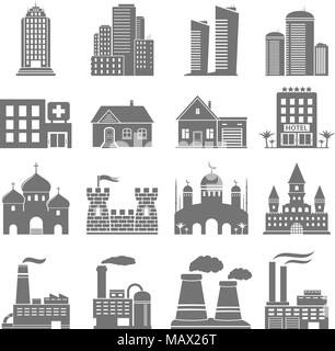 Set of 16 buildings and factories icons Stock Vector