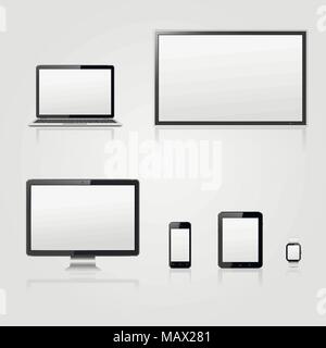 Modern technology devices - lcd tv screen, computer monitor, laptop, digital tablet, smart watch and mobile phone with blank screen Stock Vector