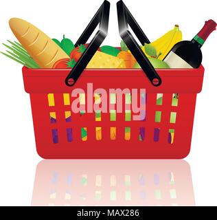 A red plastic shopping basket with reflection on a white background filled with groceries Stock Vector