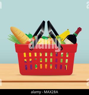 A red plastic shopping basket on the wooden table with groceries Stock Vector