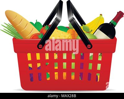 A red plastic shopping basket on a white background filled with groceries Stock Vector