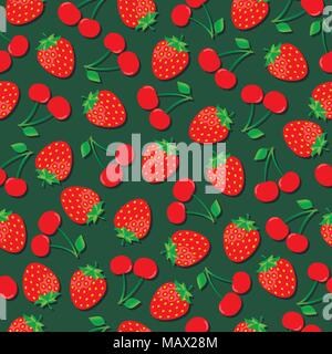 Vector seamless pattern of strawberries with cherries on dark green background Stock Vector