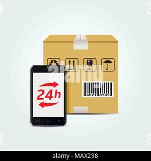 24h Delivery Service. Cardboard box and smart phone with 24 hours delivery signs. Vector Illustration. Stock Vector