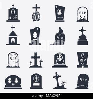 Gravestones and tombstones icons for funeral service website design Stock Vector