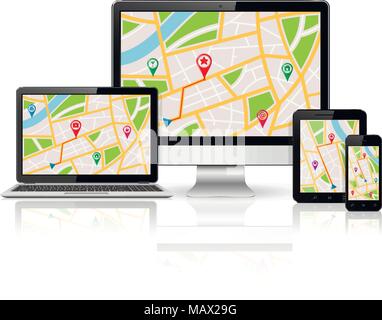 Computer monitor, laptop, tablet pc and mobile phone with GPS map on screen. Digital devices with reflection isolated on white background Stock Vector
