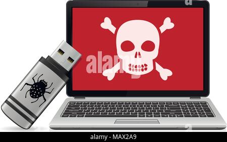 USB flash drive with computer virus and infected laptop. Vector illustration. Stock Vector