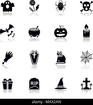 Halloween black icons with reflection on a white background. Vector illustration. Stock Vector