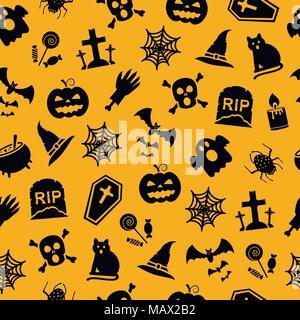 Seamless pattern for Halloween. Pumpkin, bat, scull, gravestone and different halloween shapes and objects. Vector illustration. Stock Vector