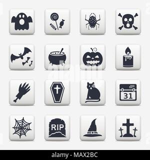 Halloween icons, square web buttons set isolated on grey background. Vector illustration. Stock Vector