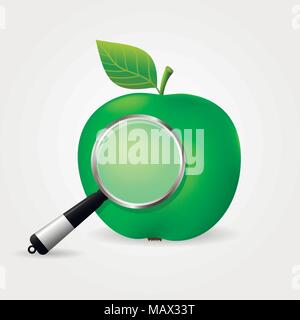 Green apple under magnifying glass. Isolated on a white background. Stock Vector