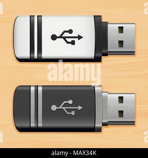 Realistic USB flash drives on a wood background. Vector illustration. Stock Vector
