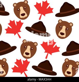 grizzly bear and maple leafs pattern background Stock Vector