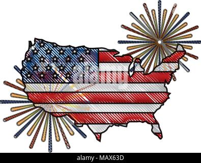 american flag on map with pyrotechnics Stock Vector