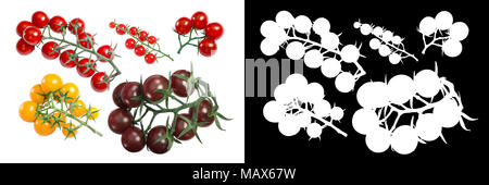 Cherry tomatoes on the vine in clusters. Top view, clipping paths Stock Photo