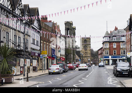 The historic market town of Morpeth Northumberland, UK prepares for the 51st Northumbrian Gathering with bunting over Bridge Street Stock Photo