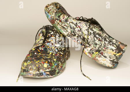 A pair of used colored leather artistic shoes. Stock Photo