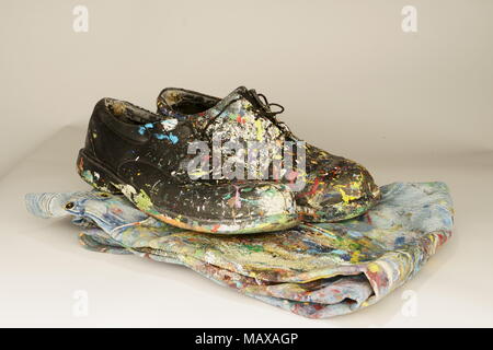 A pair of used colored leather artistic shoes. Stock Photo