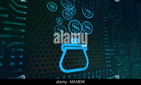 An optimistic 3d rendering of a female purse sign circuit platform with falling blue round coins having sparkling dollar signs in the black background Stock Photo