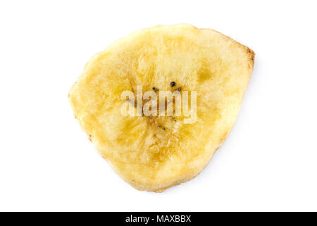 Close up banana chips isolated on white background. Close up. Top view. Stock Photo