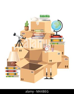 Stack of boxes. Cardboard boxes with objects. Moving house concept. Vector illustration on white background. Web site page and mobile app design. Stock Vector