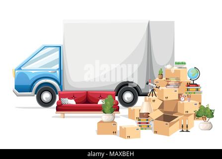 Stack of boxes wiht transport vehicle. Cardboard boxes with objects. Moving house concept. Vector illustration on white background. Web site page and  Stock Vector