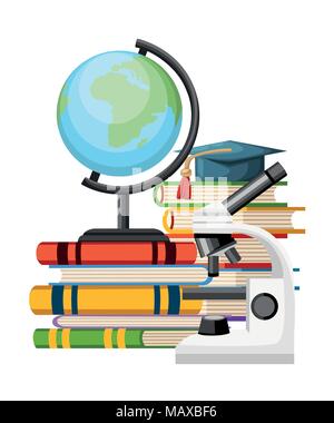 Microscope and globe on the books. Study concept for schools, colleges and universities. Cartoon style design. Vector illustration on white background Stock Vector