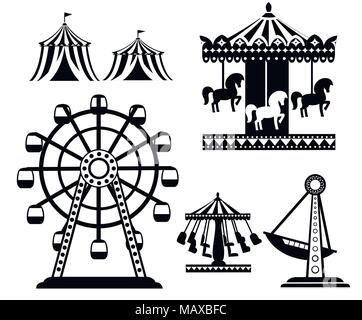 Black silhouette. Set of carnival circus icons. Amusement park collection. Tent, carousel, ferris wheel, pirate ship. Cartoon style design. Vector ill Stock Vector