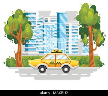 Yellow taxi car. Taxi service. Car on road in modern city. Blue buildings with green tree and bushes. Cartoon style design. Vector illustration isolat Stock Vector