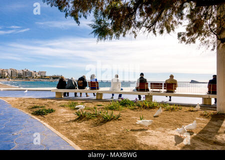 People resting on the bench near the sea in Benidorm, Spain. Stock Photo