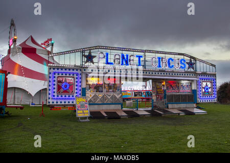Planet Circus evening performance in windy & wet conditions at Southport, Merseyside, UK Stock Photo
