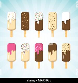 Set of Ice Cream on Stick in Many Flavor. Ice Creams are Chocolate, Vanilla and Strawberry with various Topping Stock Vector