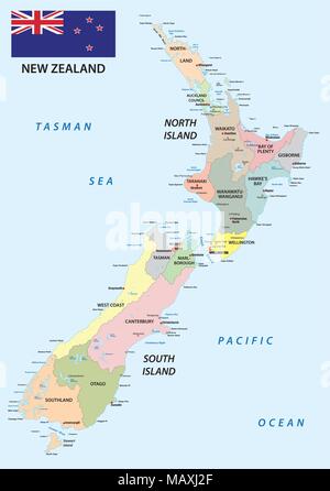 new zealand administrative and political vector map with flag Stock Vector