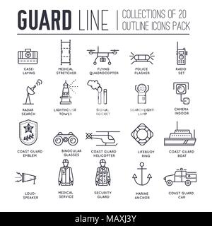 coast guard day illustration vector outline icon set. Guarding the order elements concept  Stock Vector