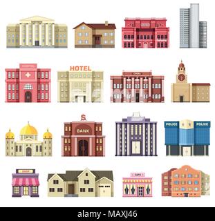 Flat colorful vector city buildings set. Icon background concept design. Architecture construction: courthouse, home, museum, skyscraper, hospital, hotel, opera, theater.  Stock Vector