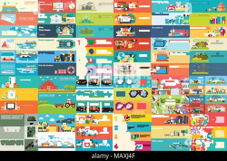 Big collection of banners in flat style. In Set themes: business, airport, online workshop, travel, medicine, eco, news, home appliance, farm, food, glasses, city, army, painter, export. Vector design Stock Vector