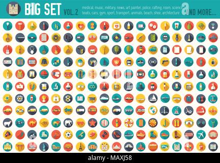 Vol 2. Flat big collection set icons of medical, army, war, tools, nature, building, home, office, chart, science, boat, sport, war, animal, summer, tool, country. For infographic illustration design Stock Vector